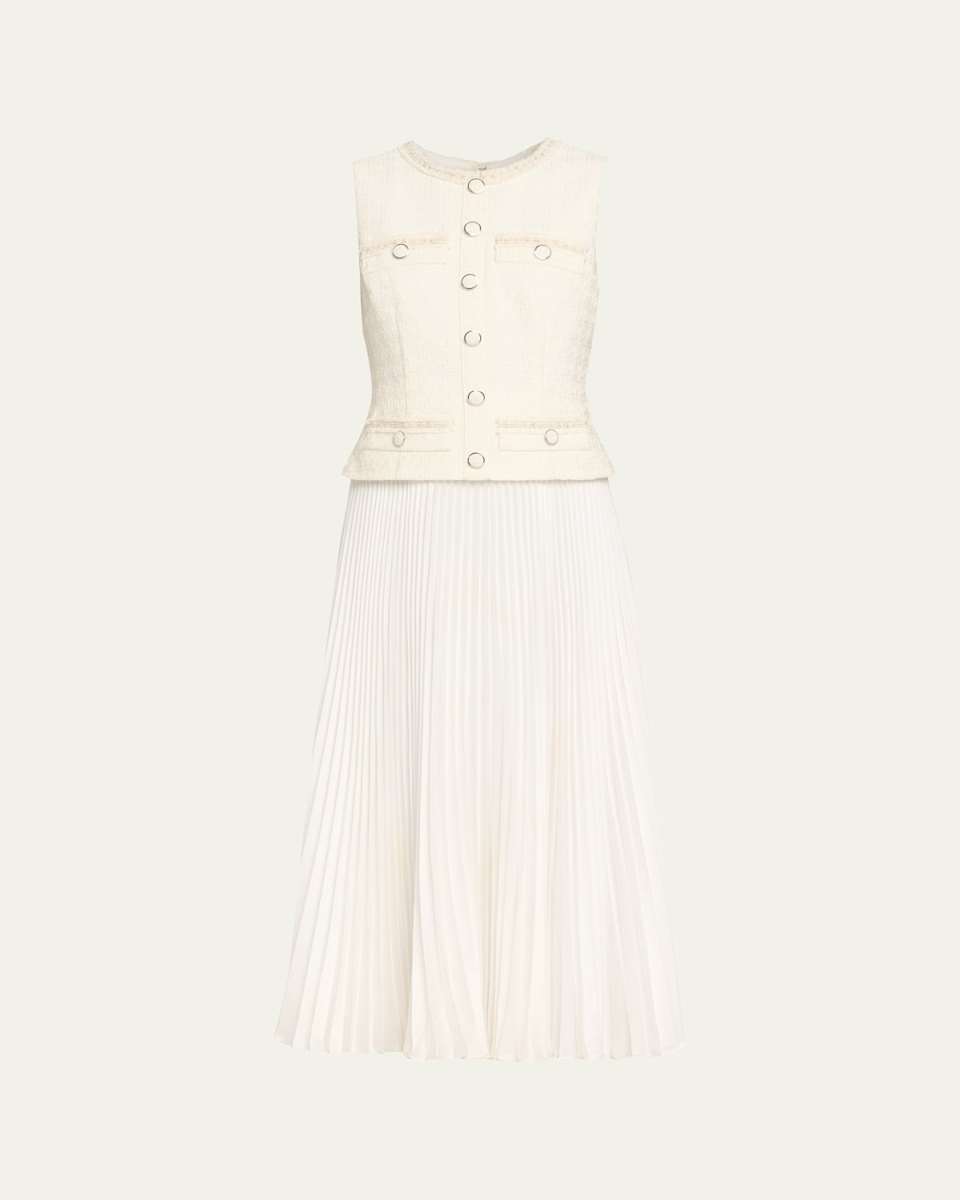 Pleated Boucle Mixed Media Midi Dress